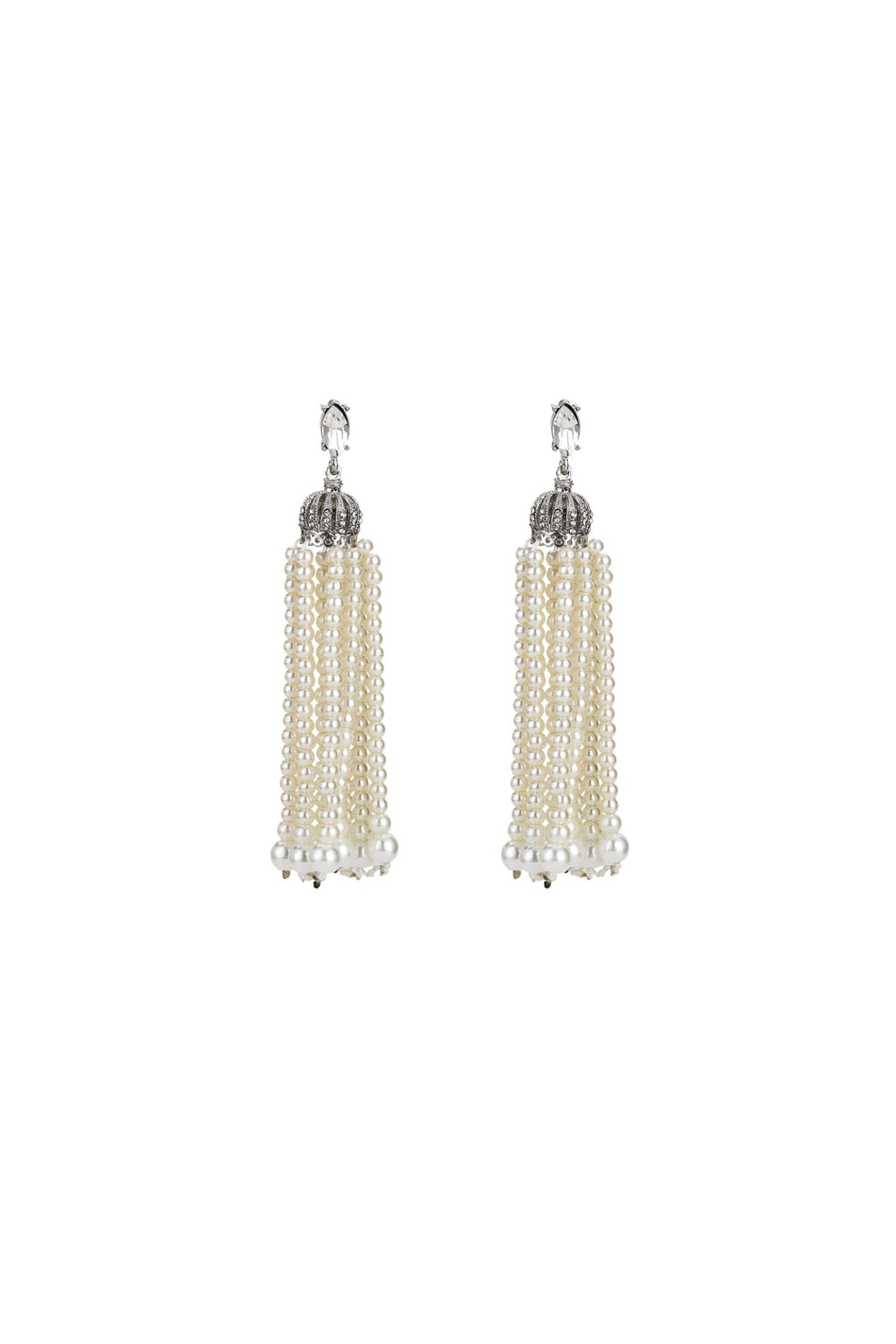 Gümüş renkli, inci ve püsküllü taç küpeler