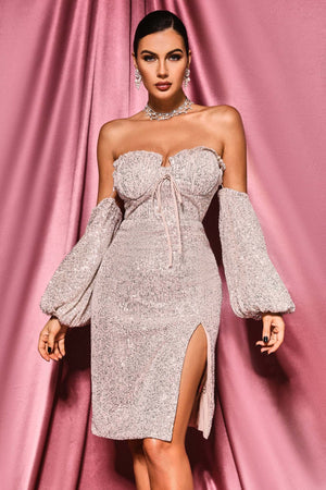 Annabel Omuz Detaylı Payetli Midi Elbise