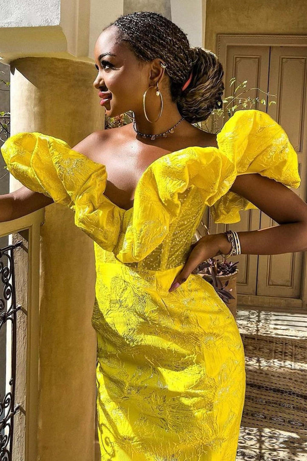 Sarı Jakarlı Omuzsuz Midi Elbise