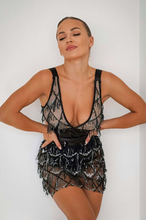 Siyah payetli püsküllü mini elbise, düşük esneklik