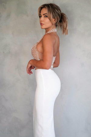 İnci Detaylı Halter Yaka Bej Midi Elbise