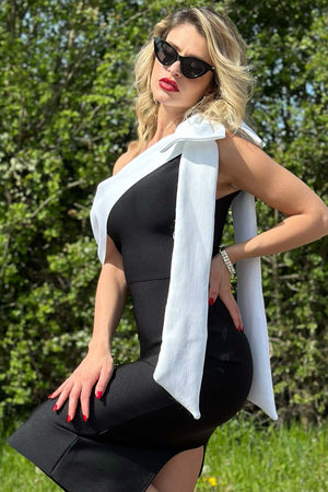 Siyah tek omuz midi bandaj elbise, vücudu saran tasarım