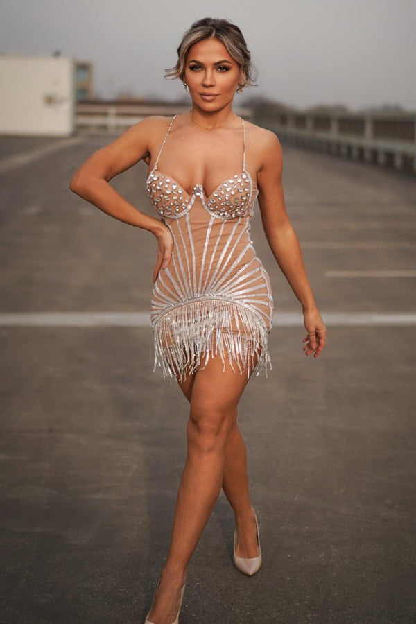 Bej Renk Taş Detaylı Halter Mini Elbise