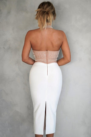 İnci Detaylı Halter Yaka Bej Midi Elbise