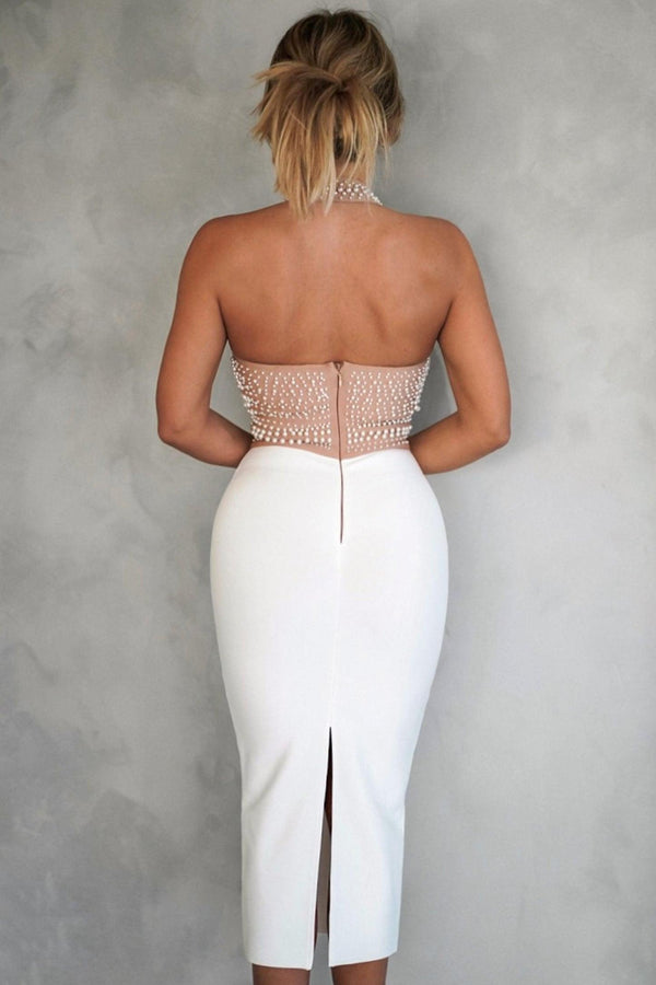 İnci Detaylı Halter Yaka Bej Midi Elbise