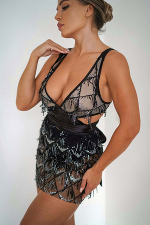 Siyah Püsküllü Payetli Mini Elbise