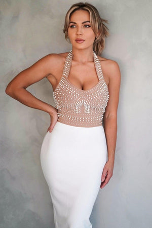 İnci Detaylı Halter Yaka Bej Midi Elbise