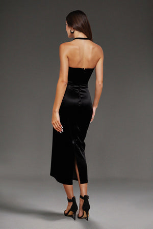 Gerela Saten Halter Yaka Midi Elbise