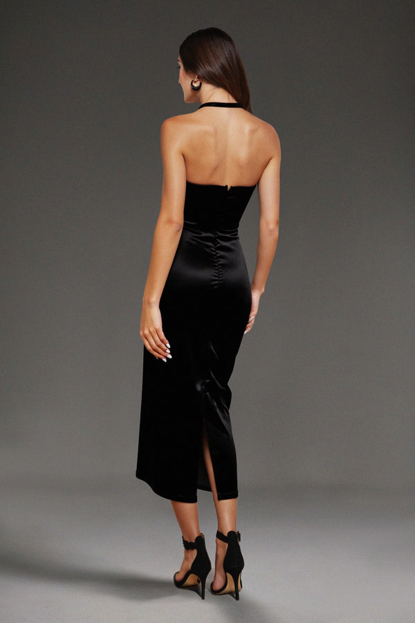 Gerela Saten Halter Yaka Midi Elbise