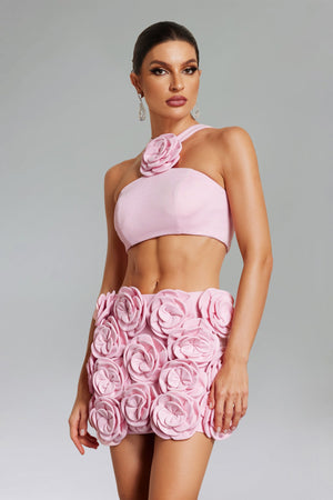 Ezgi Çiçek Desenli Halter Yaka Mini Etek Seti - Pembe