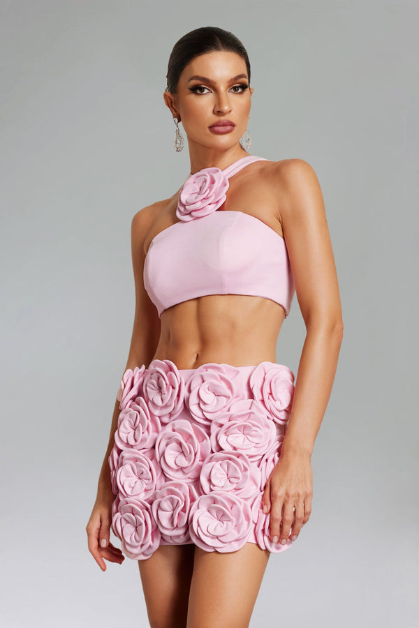 Ezgi Çiçek Desenli Halter Yaka Mini Etek Seti - Pembe