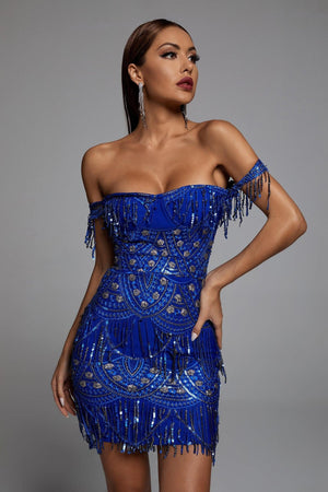 Royal blue off-shoulder Avery dress with sequin tassels and mini length.