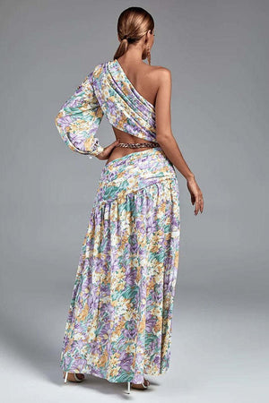 Camila Tek Omuz Çiçek Desenli Yırtmaçlı Mor Maxi Elbise