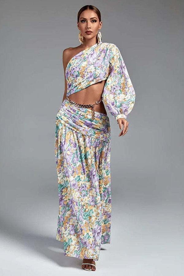 Camila Tek Omuz Çiçek Desenli Yırtmaçlı Mor Maxi Elbise