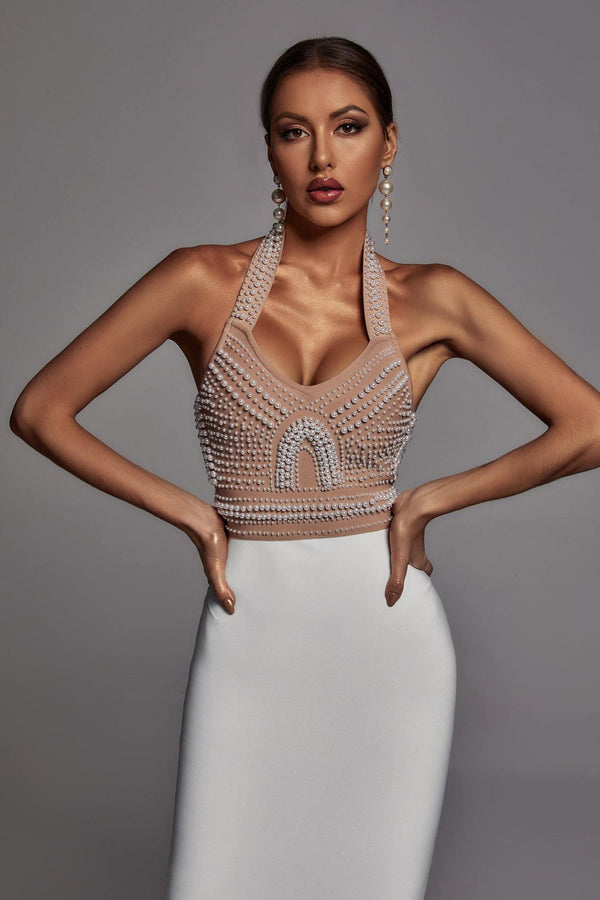 Cornelia İnci Detaylı Halter Korse Elbise - Bej