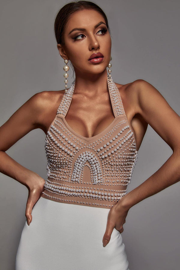 Cornelia İnci Detaylı Halter Korse Elbise - Bej