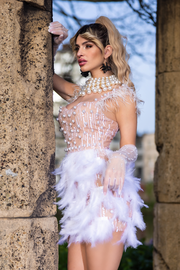 Deloris İnci Tüy Detaylı Mini Elbise