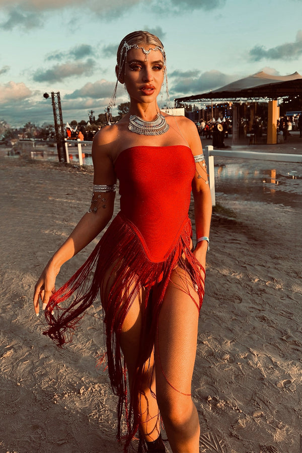 Stretch bust, waist, and hip-fitting Valentina dress with tassels