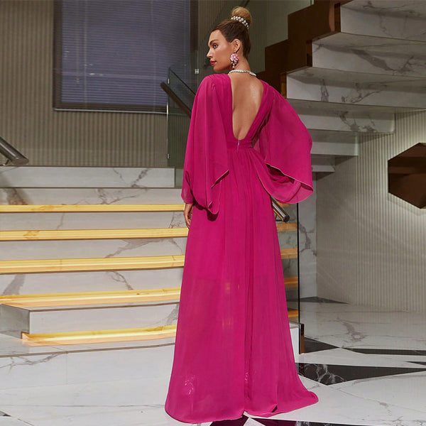 Tryphosa Uzun Kollu V-Yaka Maxi Elbise