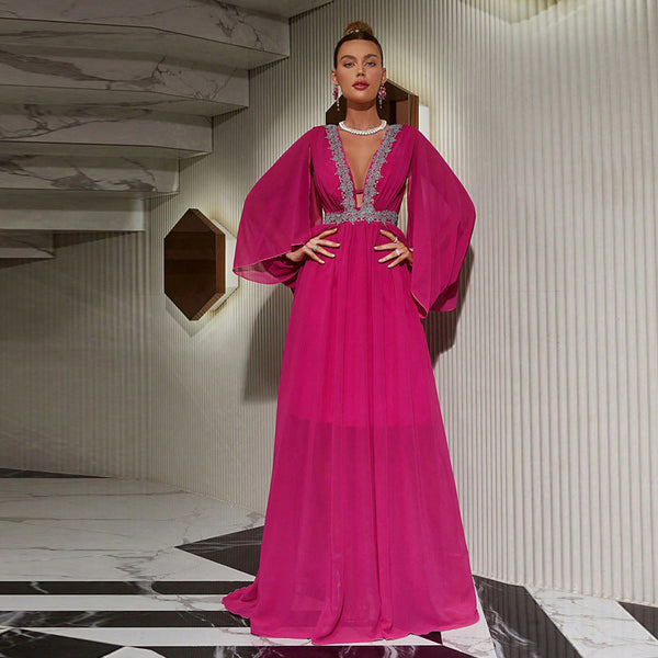 Tryphosa Uzun Kollu V-Yaka Maxi Elbise