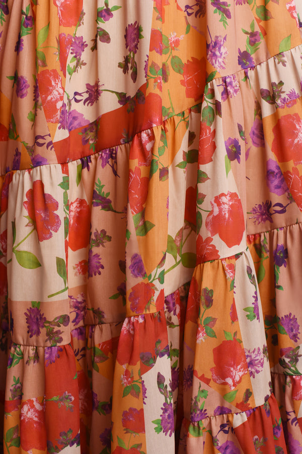 Ruth Çiçek Desenli Beli Vurgulu Uzun Elbise