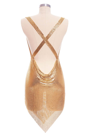 Altın Renkli Metalik Parti Elbisesi