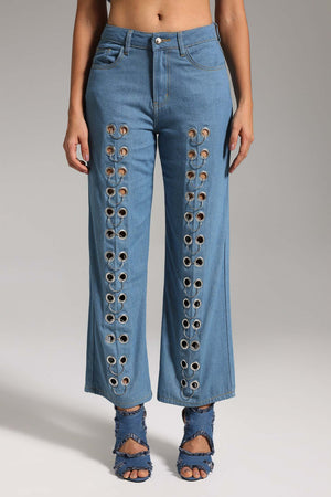 Halka detaylı Darja tasarım kot pantolon, mavi renkli