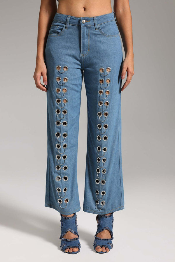 Halka detaylı Darja tasarım kot pantolon, mavi renkli