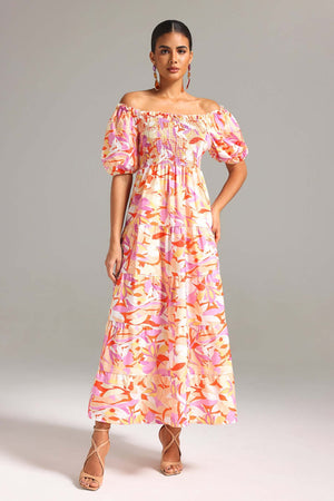 Omuzları açık, baskılı polyester maxi elbise