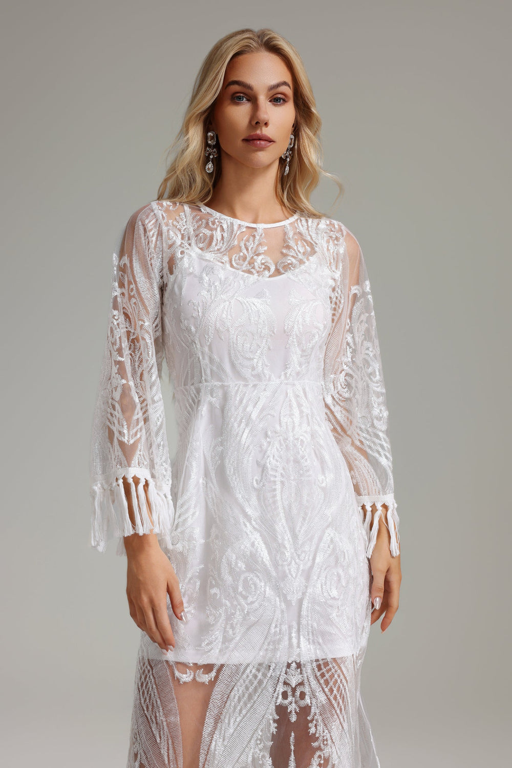 Enene işlemeli püsküllü elbise, polyester kumaşlı