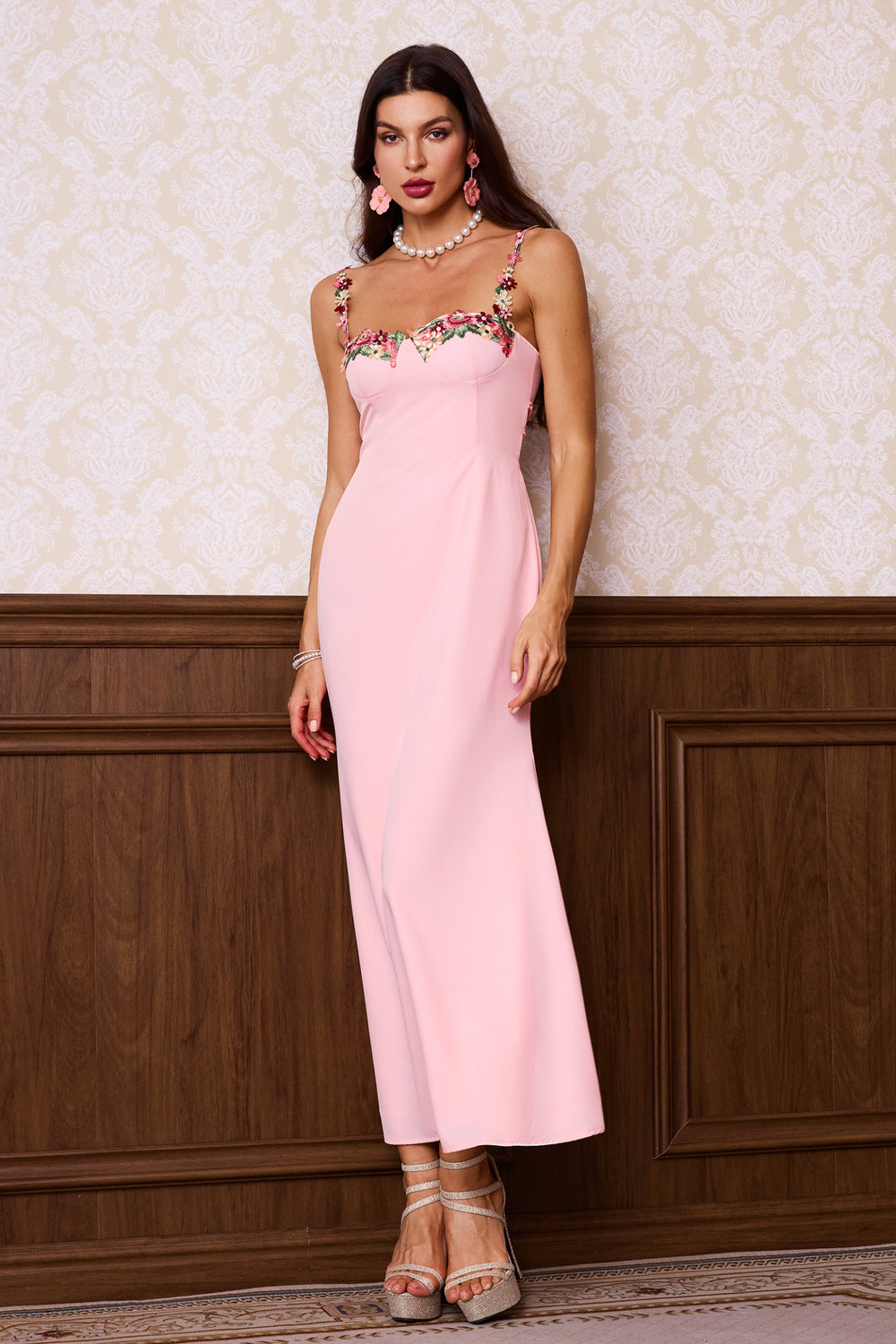 Esne Çiçek Desenli Halter Yaka Pembe Maxi Elbise