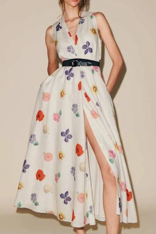 Xiacly V Yaka baskılı ve yırtmaçlı midi elbise