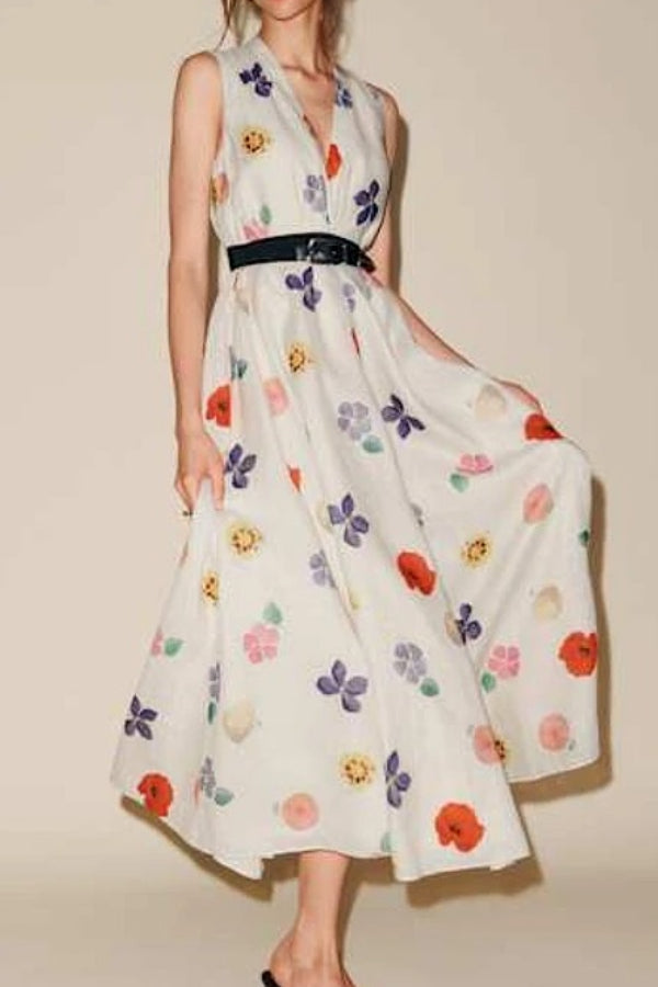 Xiacly V Yaka Baskılı Yırtmaçlı Midi Elbise