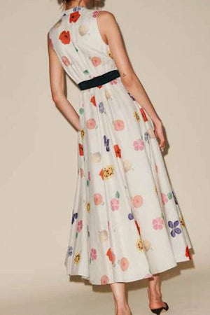 Xiacly V Yaka Baskılı Yırtmaçlı Midi Elbise