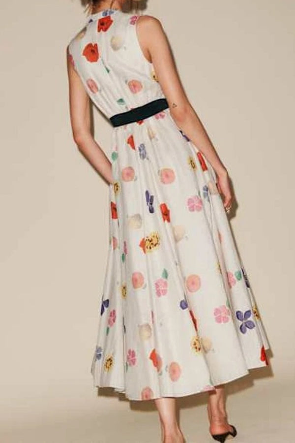 Xiacly V Yaka Baskılı Yırtmaçlı Midi Elbise