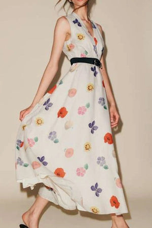 Xiacly V Yaka Baskılı Yırtmaçlı Midi Elbise