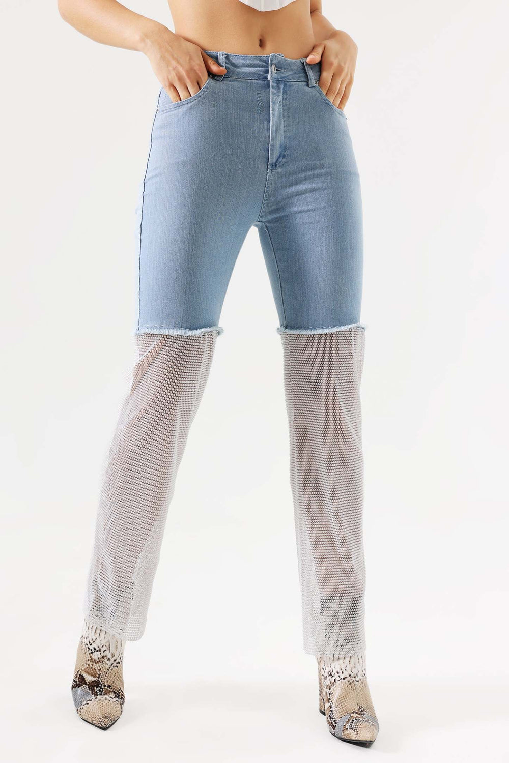 Gunnhild jeans with stone details and mesh patchwork
