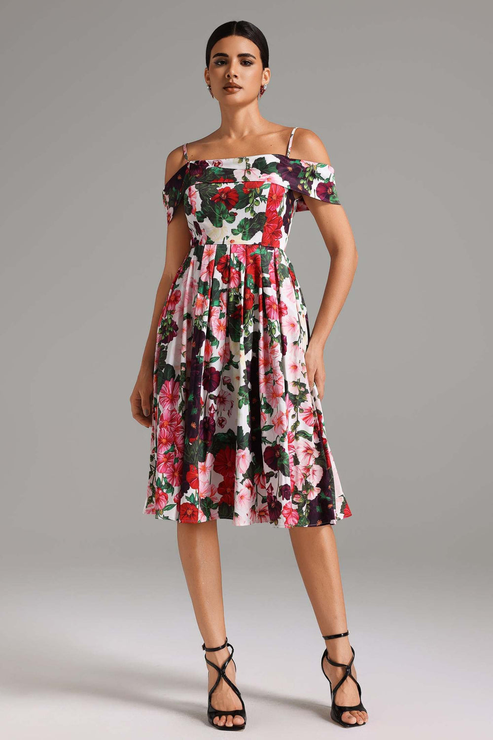 Çiçek desenli polyester midi elbise, hafif esnek yapıda