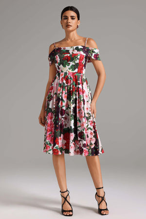 Çiçek desenli polyester midi elbise, hafif esnek yapıda