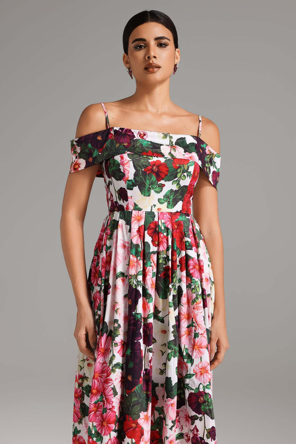 Çiçek desenli polyester midi elbise, hafif esnek yapıda