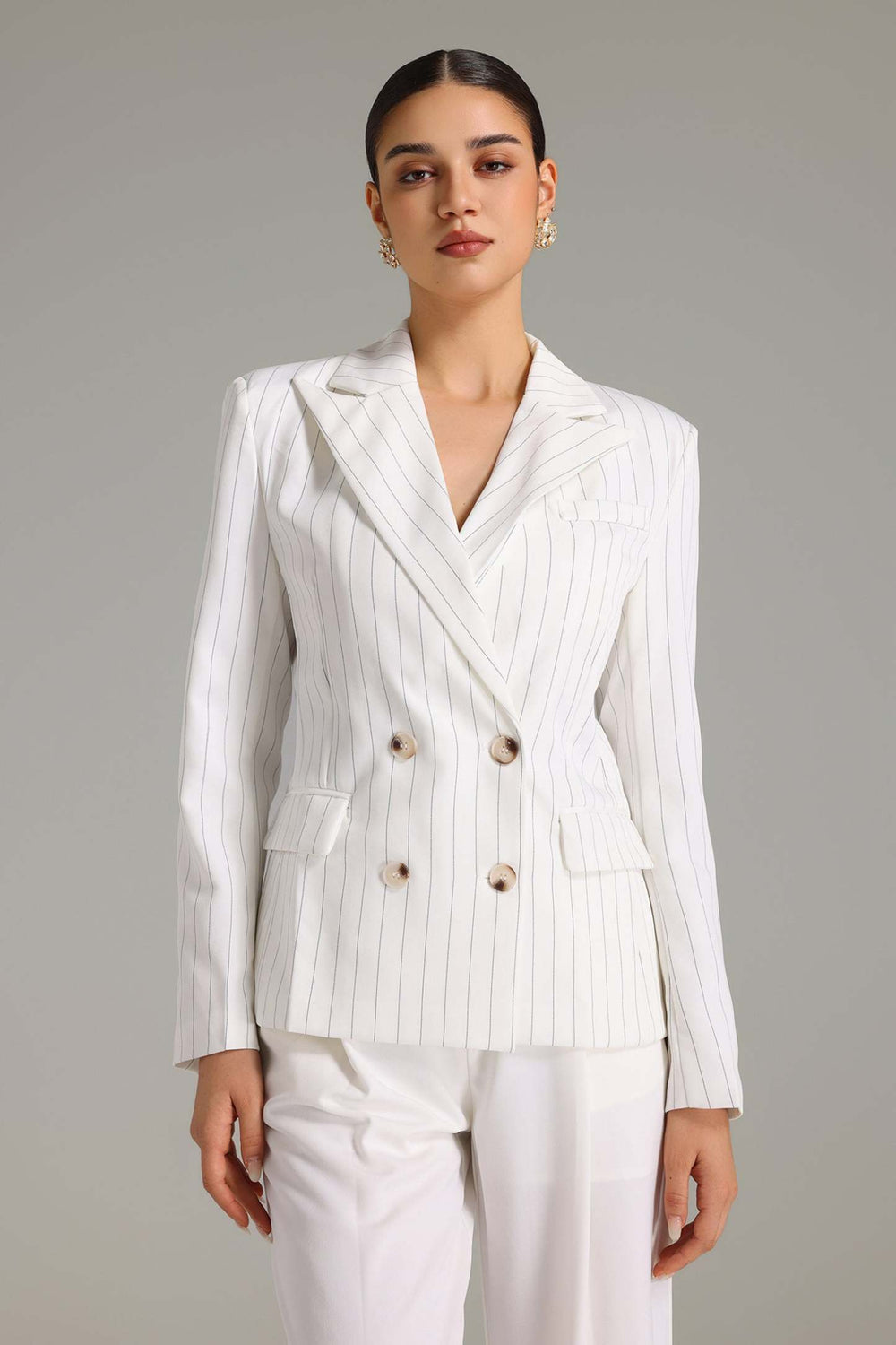 Hazel çizgili çift düğmeli polyester blazer