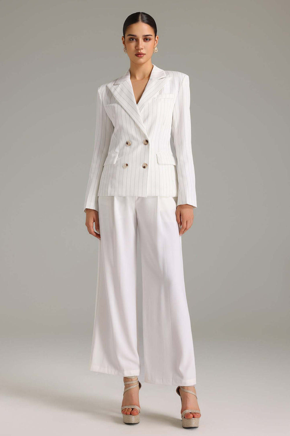 Hazel çizgili çift düğmeli polyester blazer