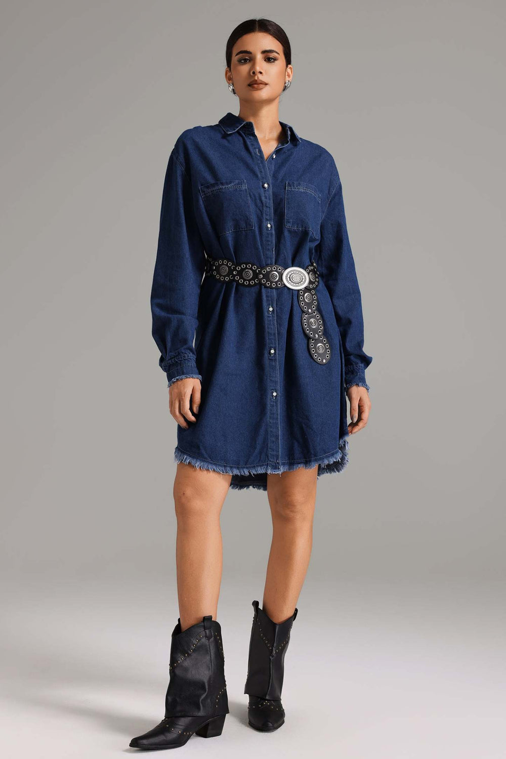 Denim fabric Hollie shirt dress with full sleeves and button front.