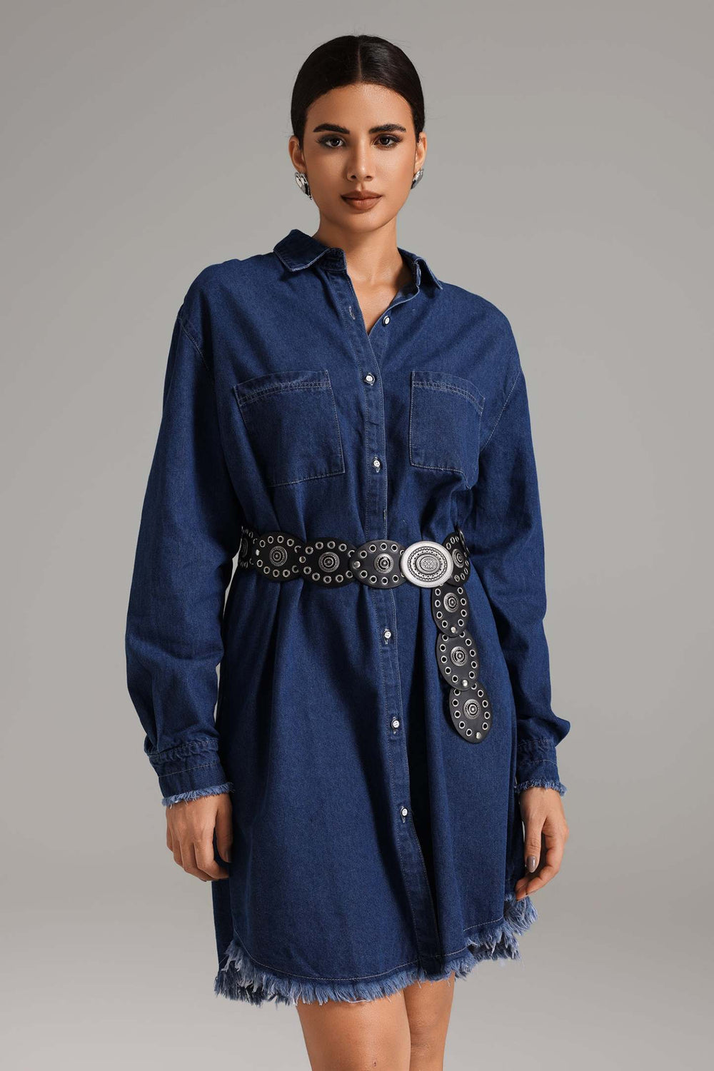 Denim fabric Hollie shirt dress with full sleeves and button front.