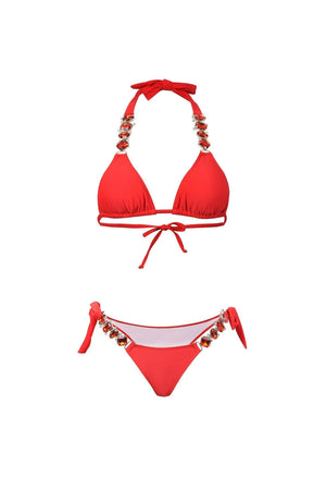 Kırmızı Halter Yaka Taş Detaylı Bikini