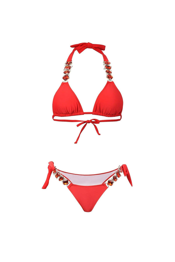 Kırmızı Halter Yaka Taş Detaylı Bikini