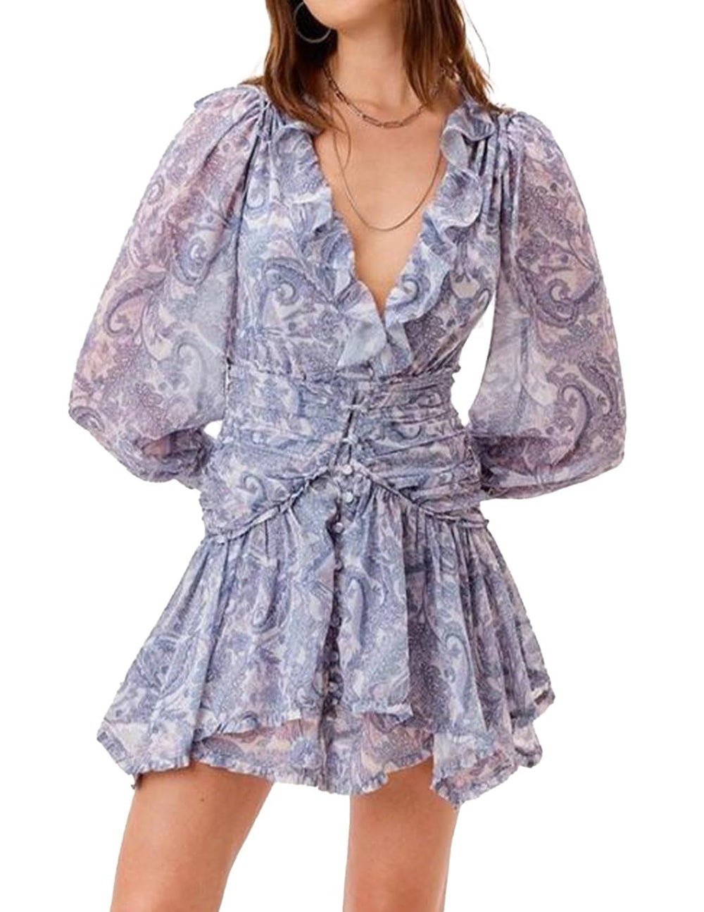 Çiçek desenli V yaka mini elbise, uzun kollu ve polyester fabric.
