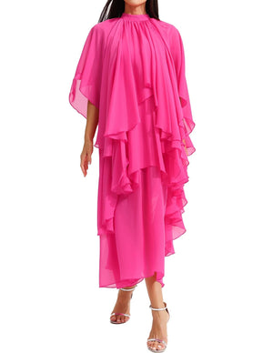 Pembe Volanlı Yaka Uzun Elbise