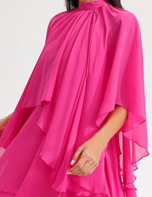 Pembe Volanlı Yaka Uzun Elbise