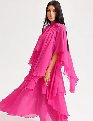 Pembe Volanlı Yaka Uzun Elbise